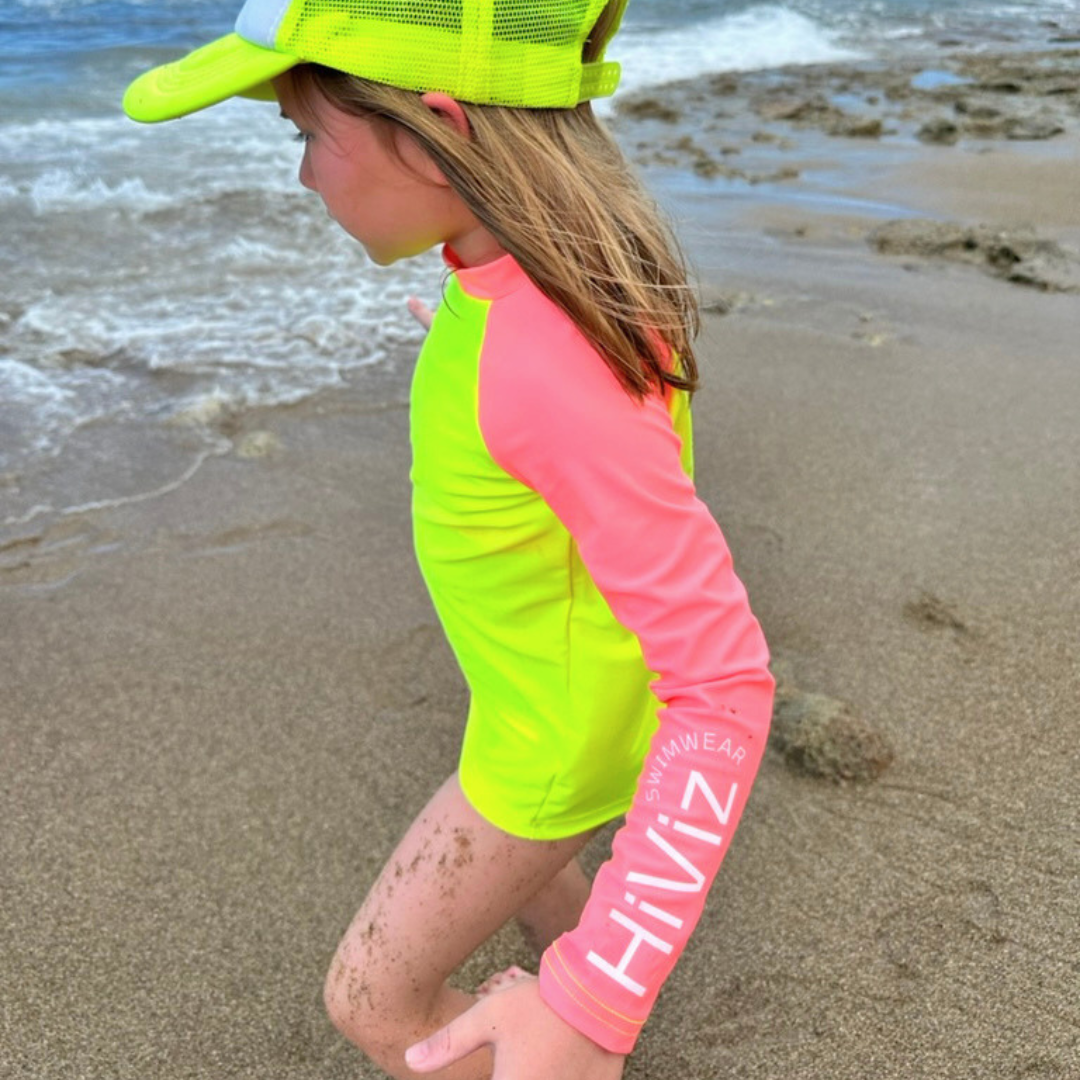 Kids’ Neon Rash Guard – Neon Yellow and Pink Coral | UPF 50+