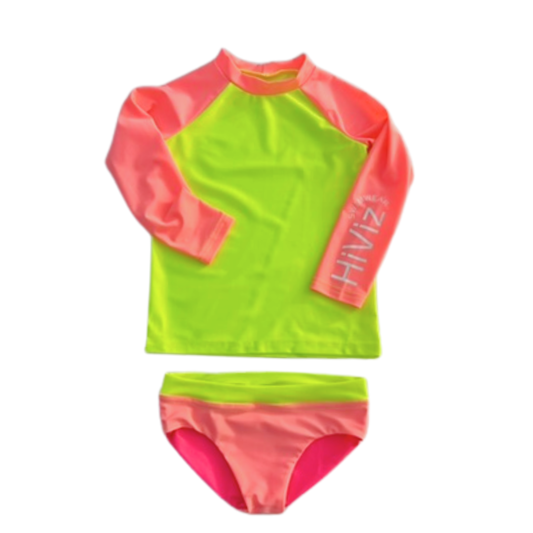Kids’ Neon Rash Guard – Neon Yellow and Pink Coral | UPF 50+