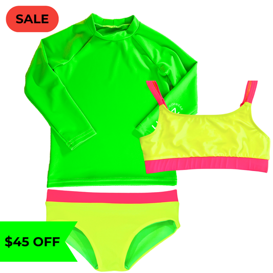 Product image of a neon swimsuit set. A neon green long-sleeve rash guard with a neon yellow and neon pink bikini overlaying it. Shows SALE icon at the top on the left with a cirlcle around it in red. And shows $45 off on the bottom left with a neon green background. 