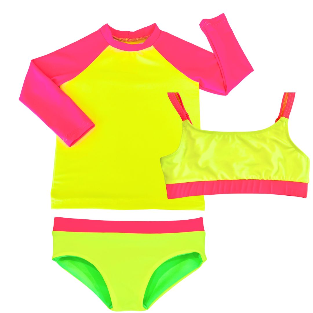 Product image of a 3-piece girls neon swimwear set with a neon yellow and pink rash guard and a neon yellow and pink athletic bikini. 