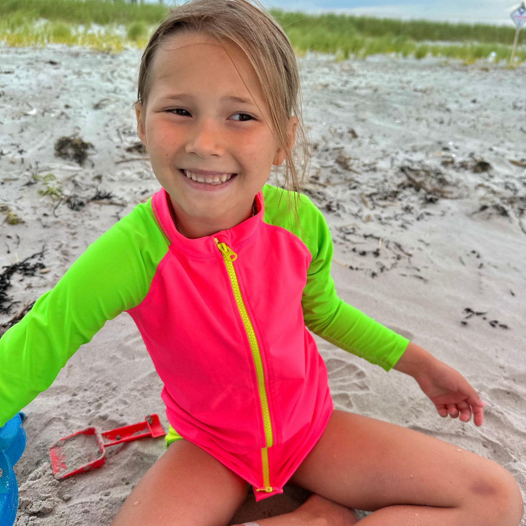 Kids' Neon Rash Guard – Neon Pink & Green, Long-Sleeve Zip-Up