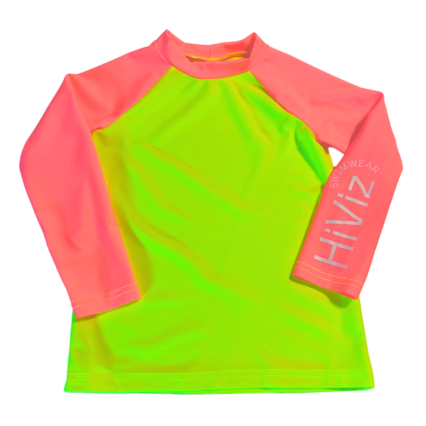 Kids Neon Rash Guard in Neon Yellow and Pink Coral UPF 50+
