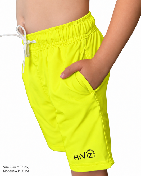 Side view of neon yellow swim trunks showing the pocket and black HiViz logo.