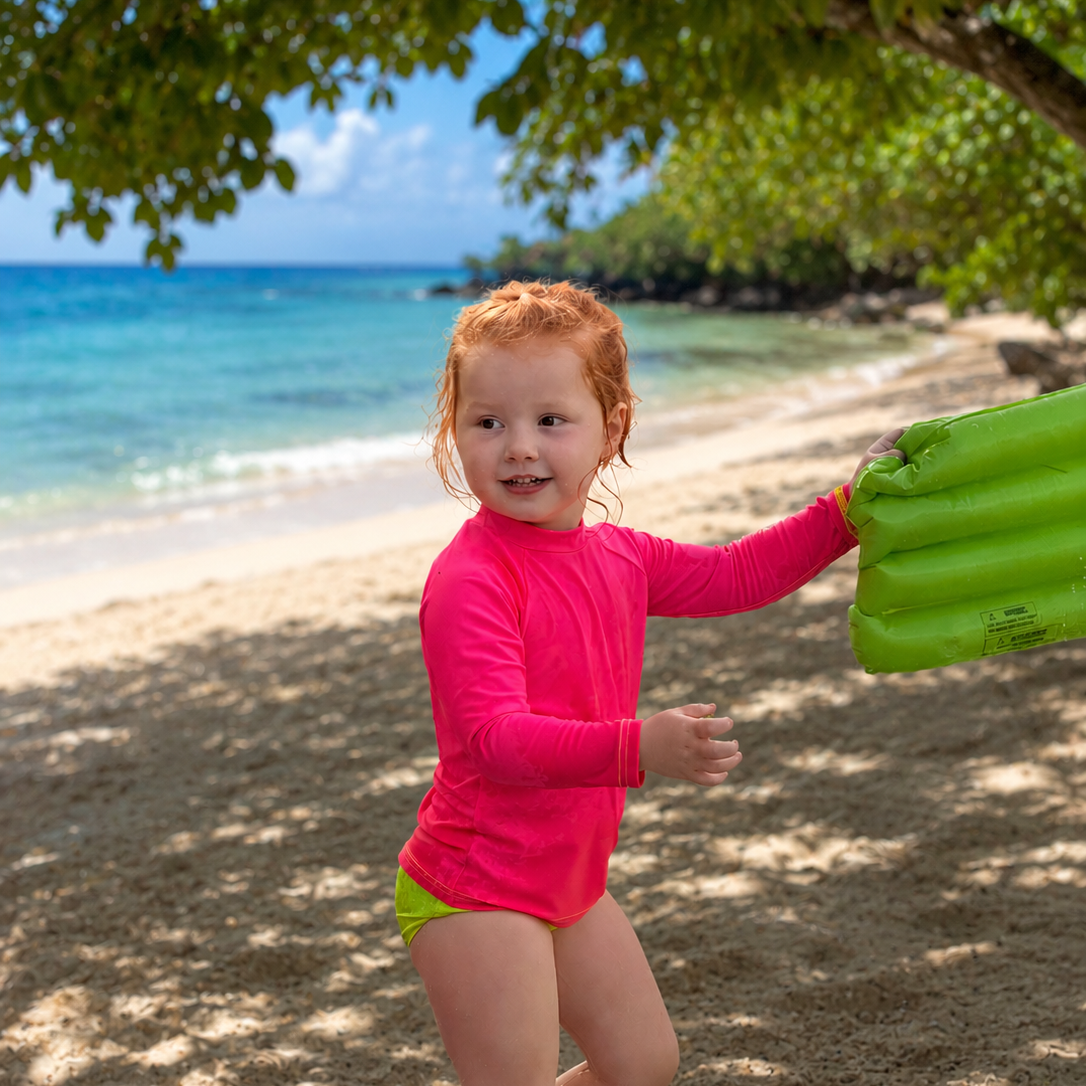 Girl in hi-viz neon pink rash guard and neon swim bottoms  playing on a sandy beach with ocean and trees in the background