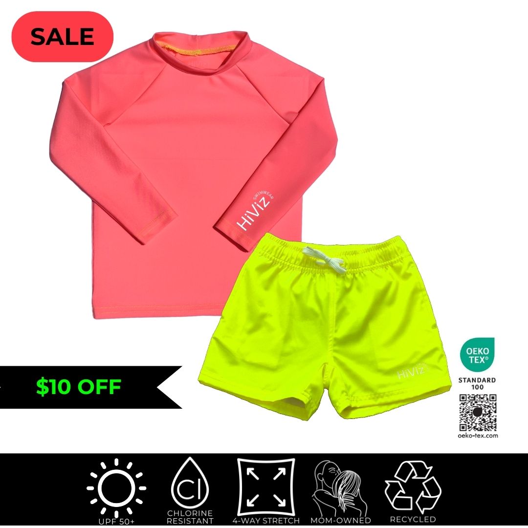Neon ink long-sleeve swim shirt and hiviz neon yellow shorts with 'HIVIZ' branding on a white background.