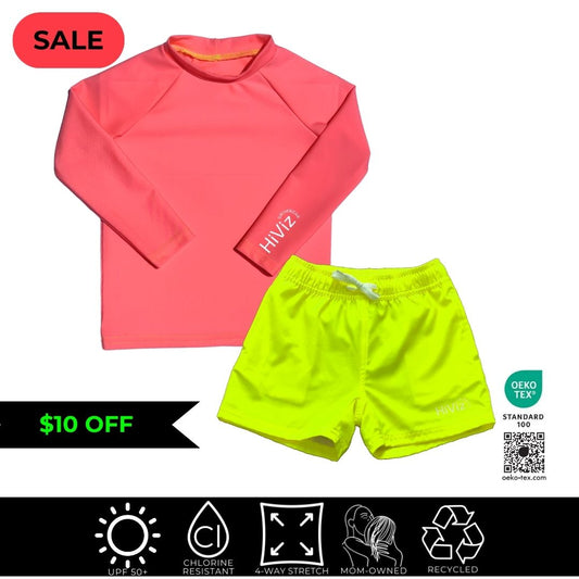 Neon ink long-sleeve swim shirt and hiviz neon yellow shorts with 'HIVIZ' branding on a white background.