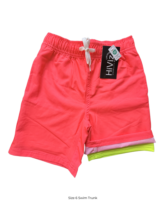 Boys neon swim trunks in bright coral with boxer brief liner, elastic waistband and drawstring, Oeko-Tex Standard 100 tag, high visibility kids swimwear size 6