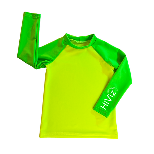Bright swimwear colors neon yellow and neon green rash guard. Body is neon yellow rash guard sleeves are neon green.