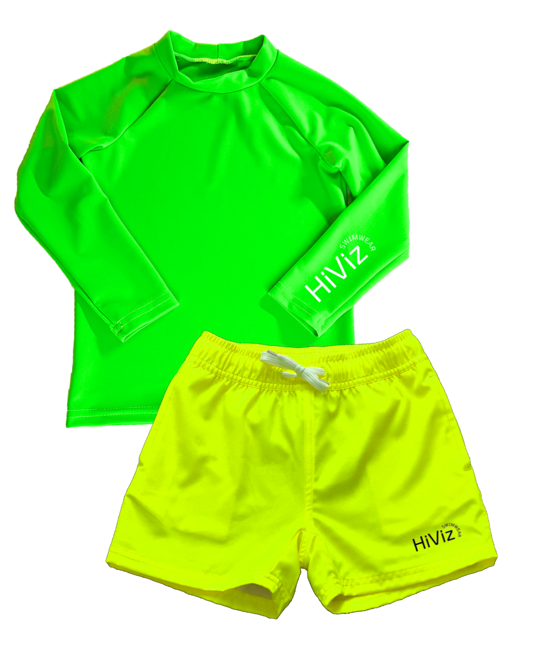 A product bundle image of a neon gree rash guard and neon yellow swim shorts with a boxer brief liner.