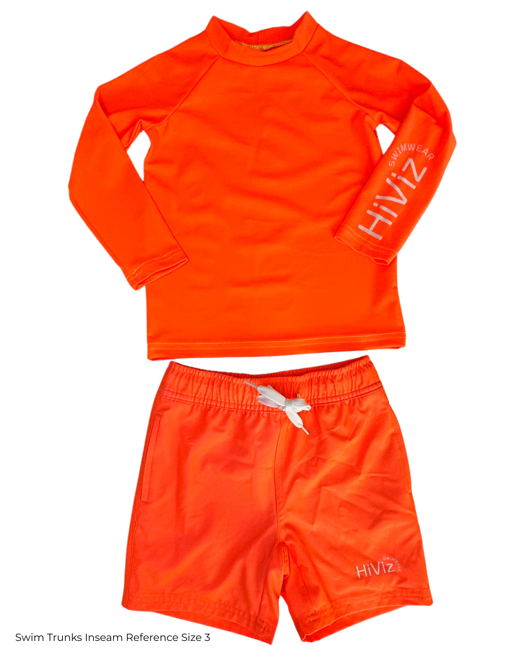 Orange long-sleeve rash guard and swim trunks with 'HIVIZ' branding on a white background.