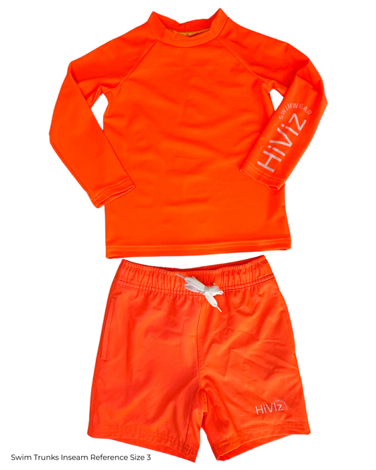 Orange long-sleeve rash guard and swim trunks with 'HIVIZ' branding on a white background.