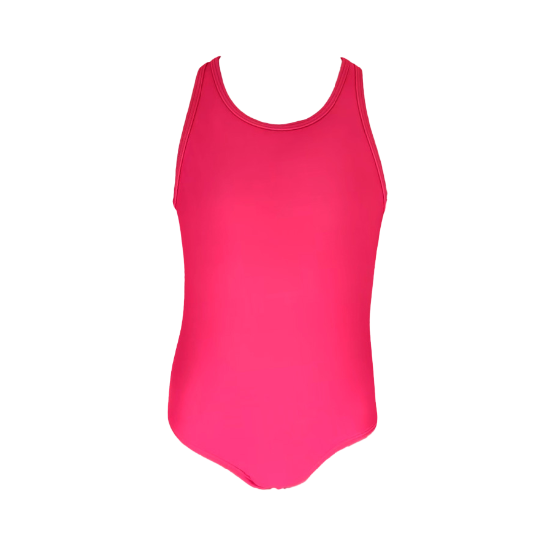 Product image of a women's neon pink swimsuit one-piece on a white background. The front of the neon pink swimsuit one-piece with a full coverage look. The neon pink swimsuit glows super bright swimwear.