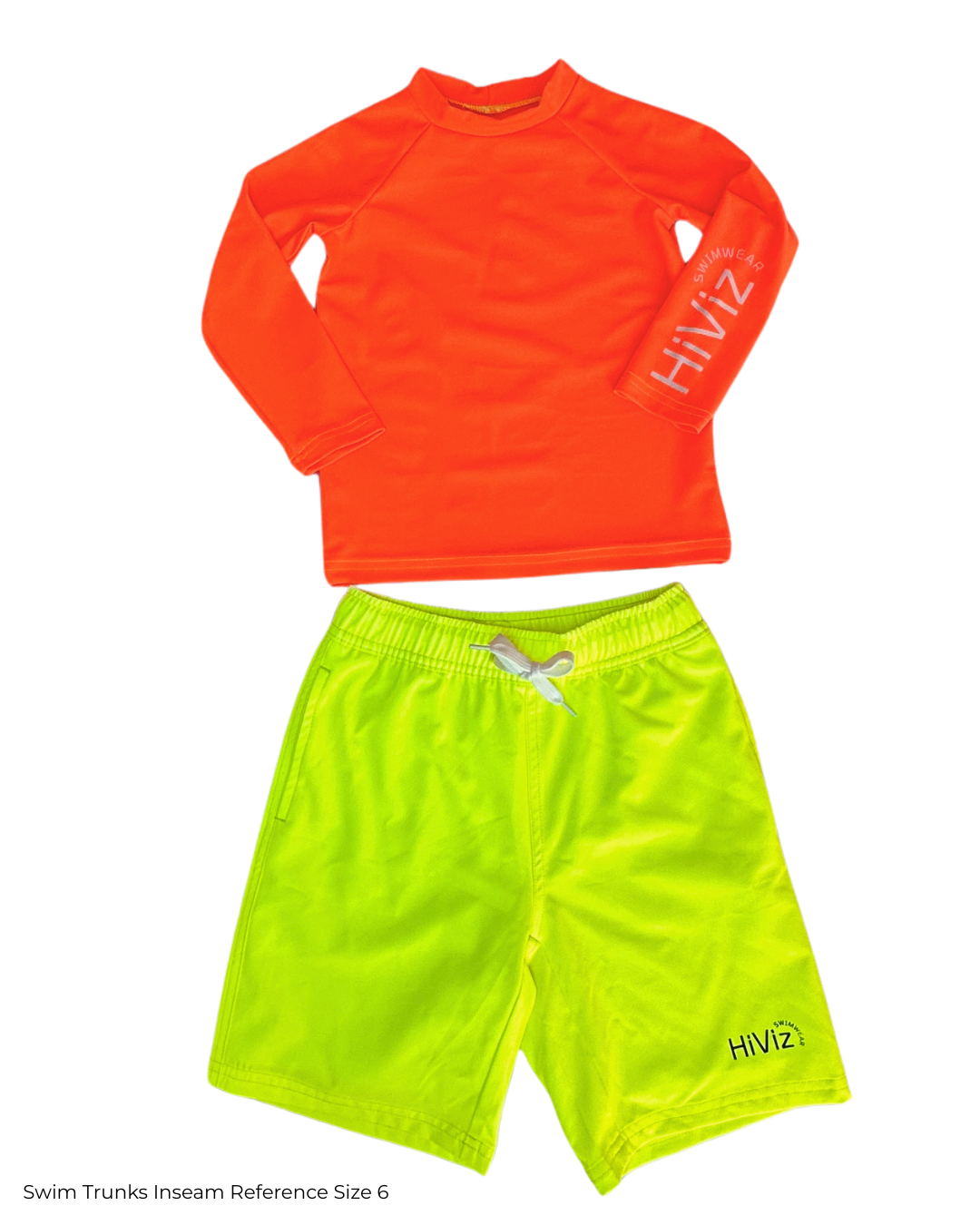 Orange long-sleeve rash guard and green swim trunks with 'HIVIZ' branding on a white background.