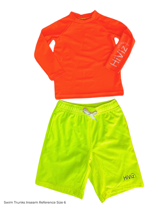 Orange long-sleeve rash guard and green swim trunks with 'HIVIZ' branding on a white background.