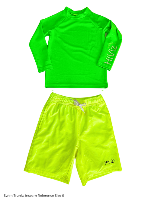 Green long-sleeve rash guard and yellow swim trunks with 'HIVI' branding on a white background.