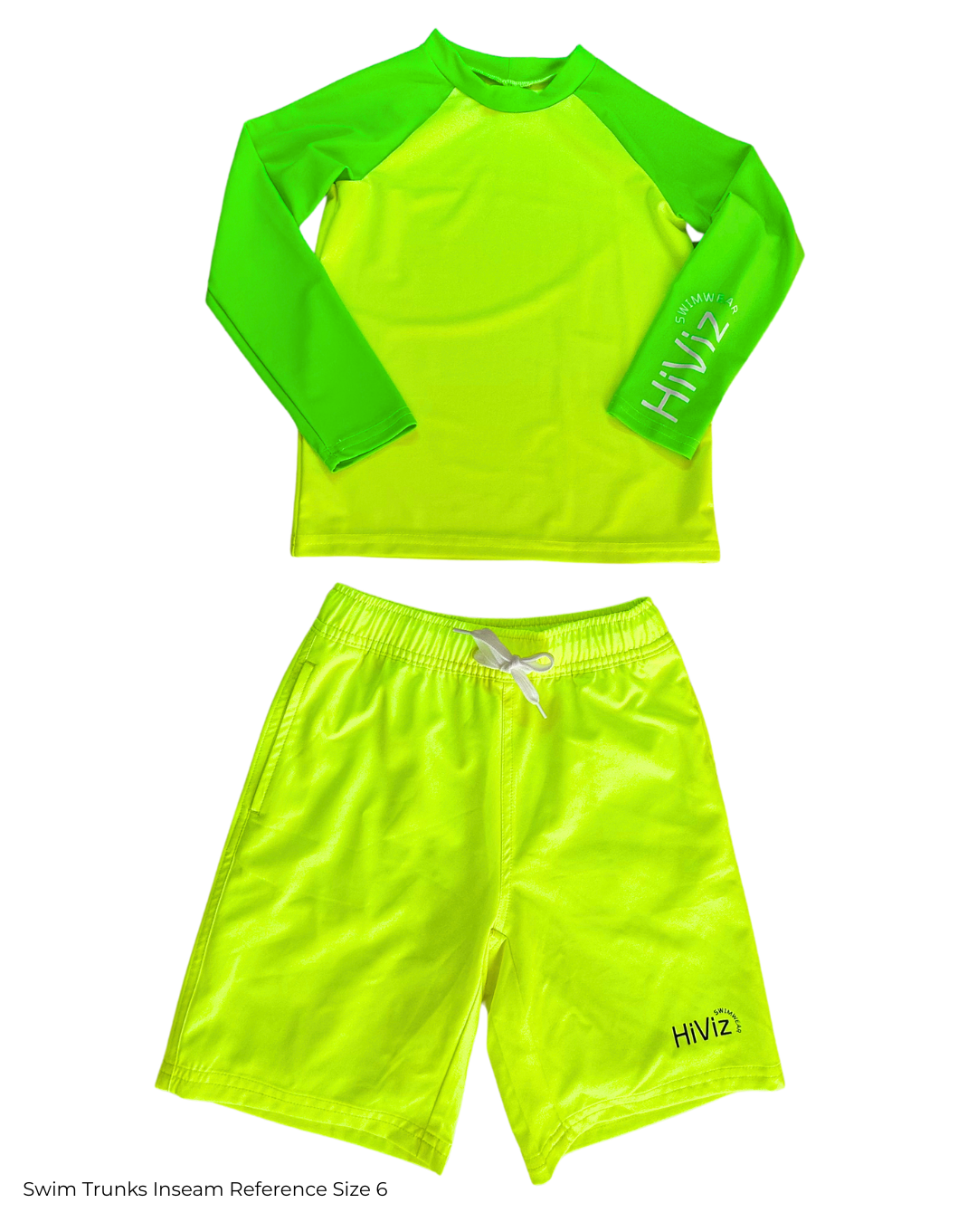 Neon green long-sleeve rash guard and swim trunks set with 'HIVI2' branding on a white background.