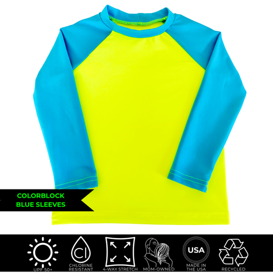 This is a product image of a bright rash guard, a neon yellow with blue sleeves rash guard with bright swimwear company HiViz's logo on the left sleeve.