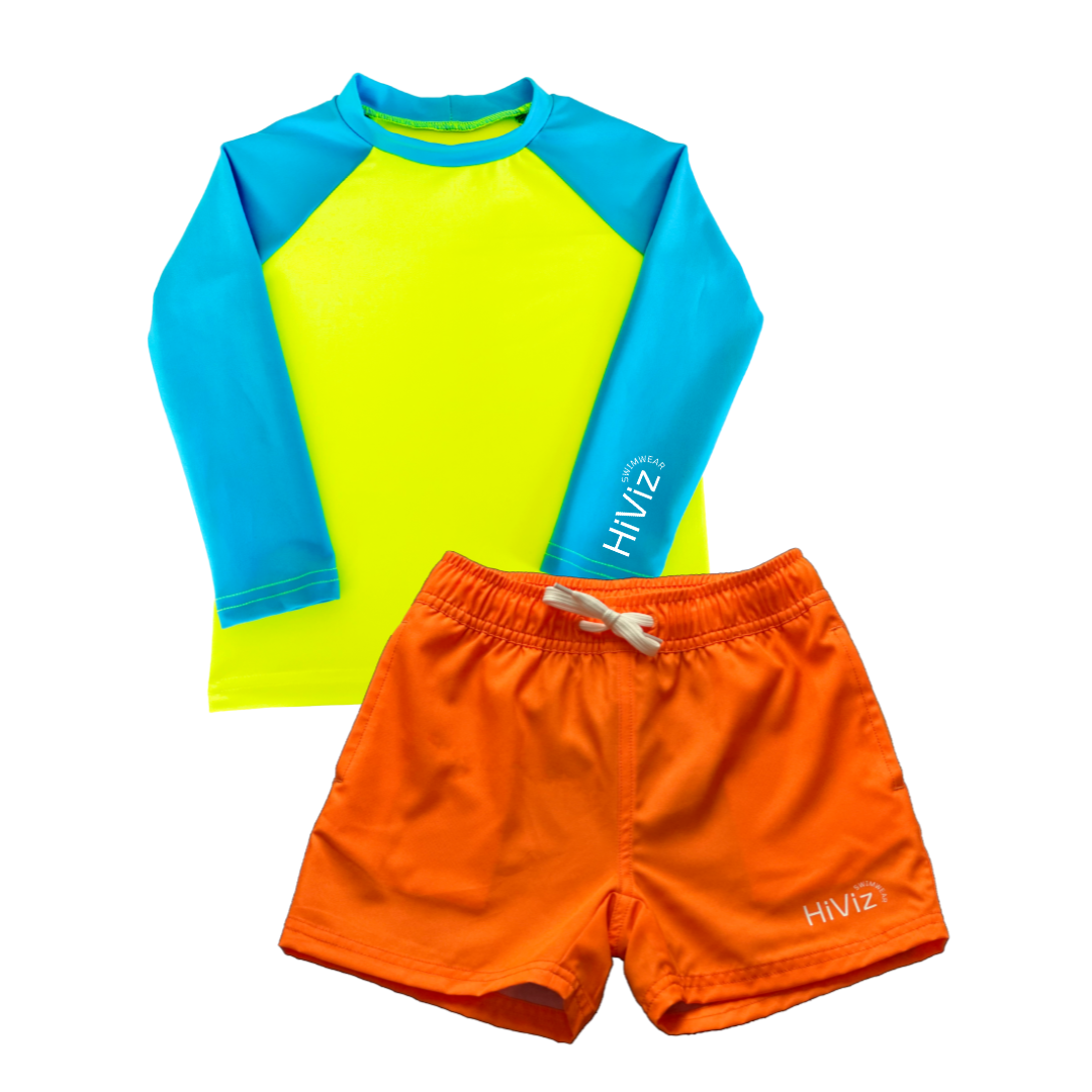 Product bundle image of a neon yellow rash guard with blue sleeves and neon orange swim shorts or neon orange swim trunks with a boxer brief liner. 