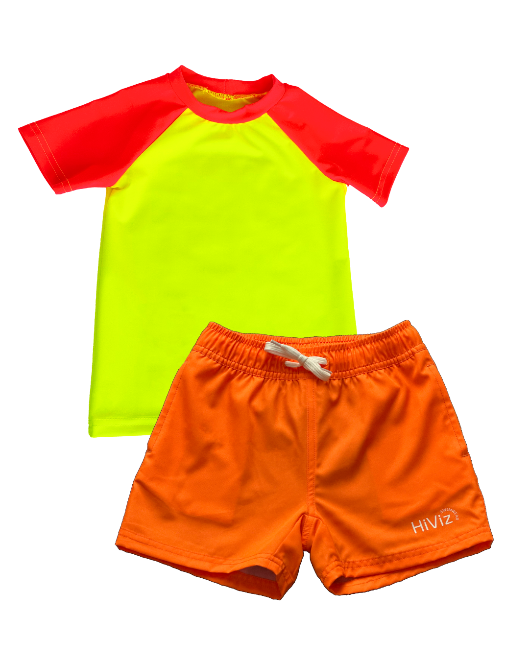 A product bundle images of a short-sleeve neon rash guard set with neon orange swim trunks.