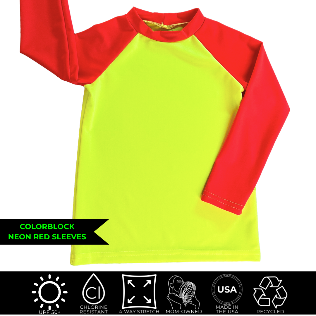 Product image of a kids rash guard boys rash guard neon yellow with neon red sleeves.