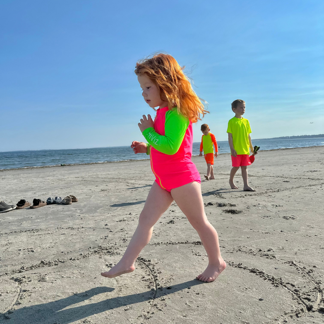 Kids' Neon Rash Guard – Neon Pink & Green, Long-Sleeve Zip-Up