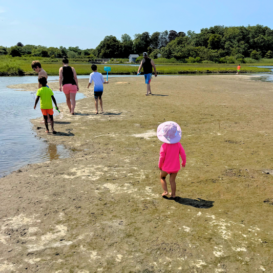 Toddler girl in neon pink rash guard walking on beach with big brother in neon yellow and orange swimwear.