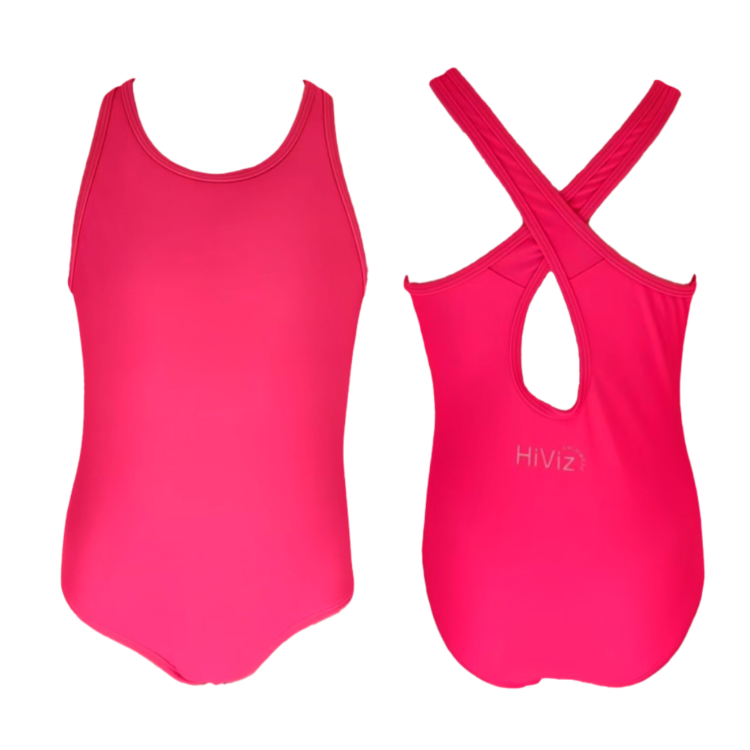 Product image of a women's neon pink swimsuit one-piece on a white background. The front of the neon pink swimsuit one-piece with a full coverage look and beside that is the back fo the neon pink swimsuit one-piece with crisscrossed straps. 